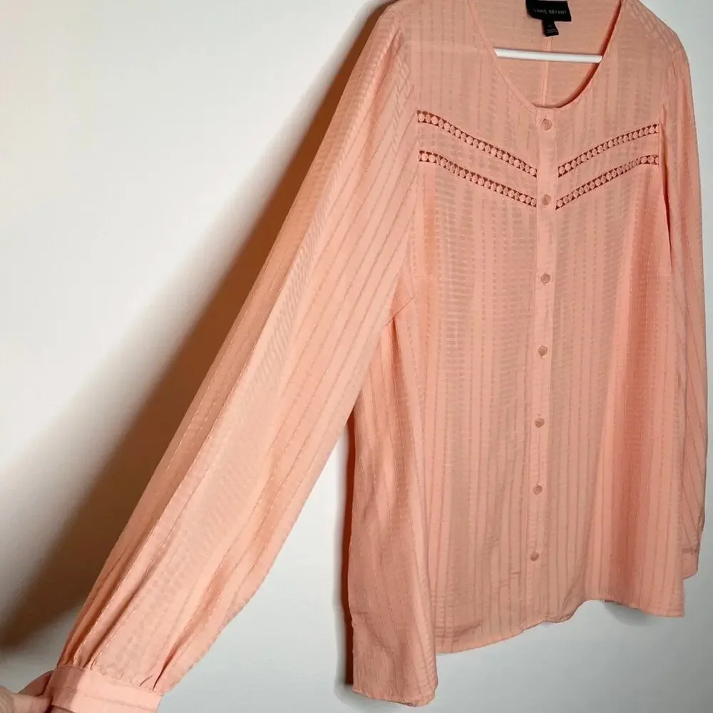 Lane Bryant Women's Blouse 14 Coral Pink Crochet Long Sleeve Crew Neck Button Up - Picture 5 of 9